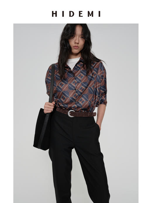 HIDEMI 经典几何印花系列极简廓形感oversize缎面宽松衬衫 商品图0
