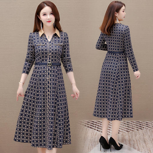 QYMJJ-92510-Y 妈妈装长袖连衣裙秋季新款时尚女装中长款衬衣领腰带口袋裙 商品图2
