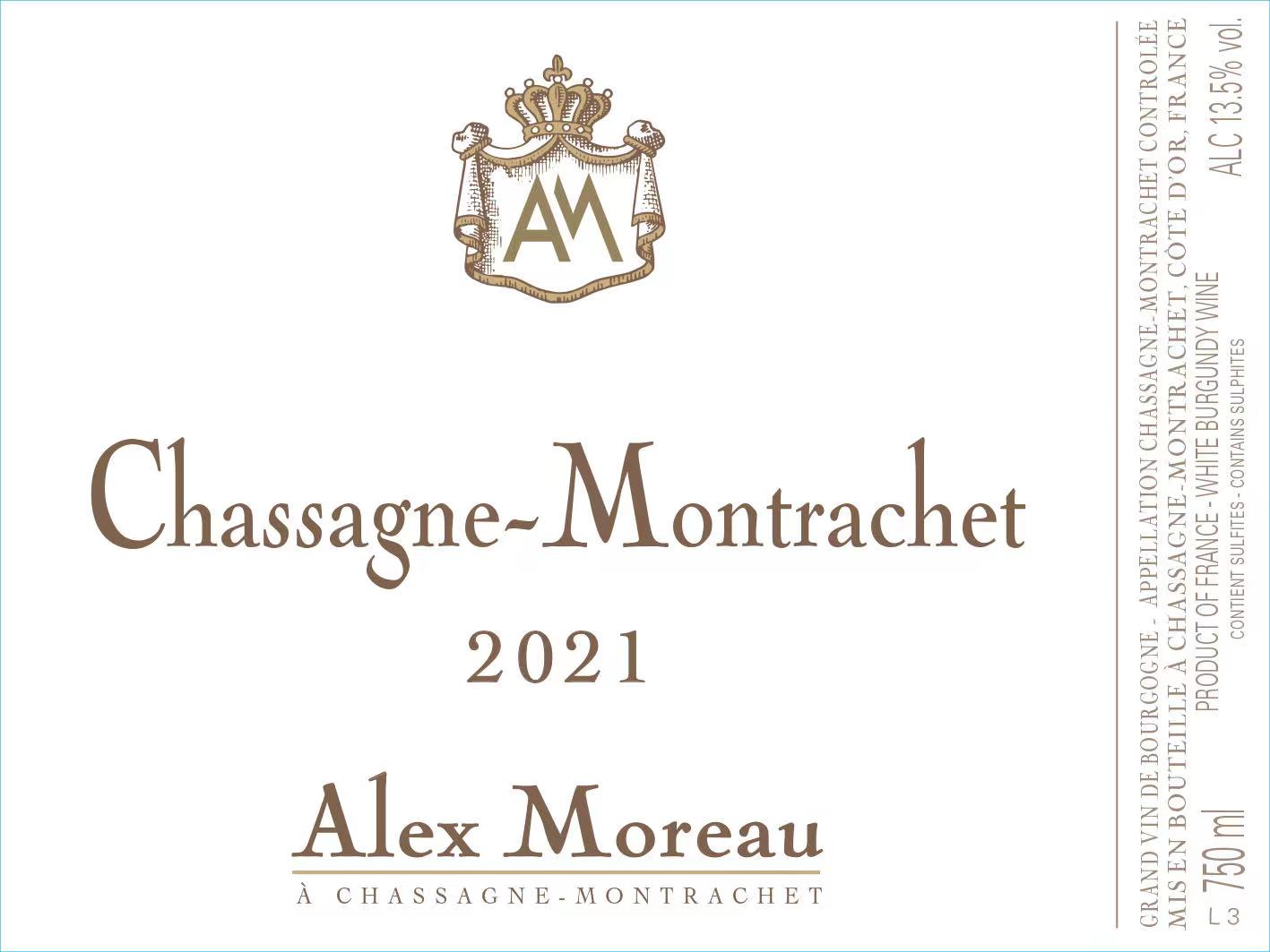「跨境」2021 皇冠酒庄霞山蒙哈榭白葡萄酒Alex Moreau Chassagne Montrachet
