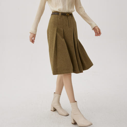 谜底毛呢半身裙2024秋新品通勤风气质高腰百褶裙中长裙243MB1133 商品图1
