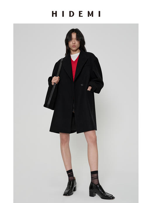 HIDEMI 极简超大廓形加宽垫肩设计感厚款羊毛毛呢西装式口袋中长款大衣 黑色/深灰色 商品图4