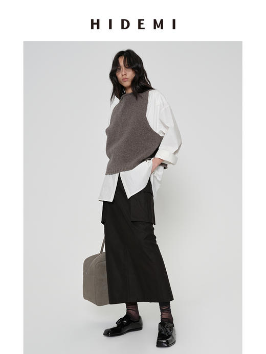 HIDEMI 水洗做旧感斜纹棉口袋工装式半身裙 黑色/古铜棕红 商品图7