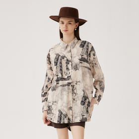 谜底花色衬衫长袖女2024秋季新品复古风宽松中长款衬衣243MC1146