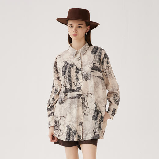 谜底花色衬衫长袖女2024秋季新品复古风宽松中长款衬衣243MC1146 商品图0