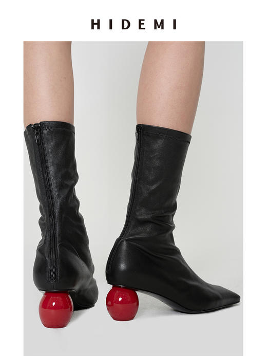 HIDEMI 【当当同款】做旧感进口弹力羊皮艺术感撞色球体异形跟中跟显瘦踝靴 古铜棕麂皮/黑色光面皮 商品图10