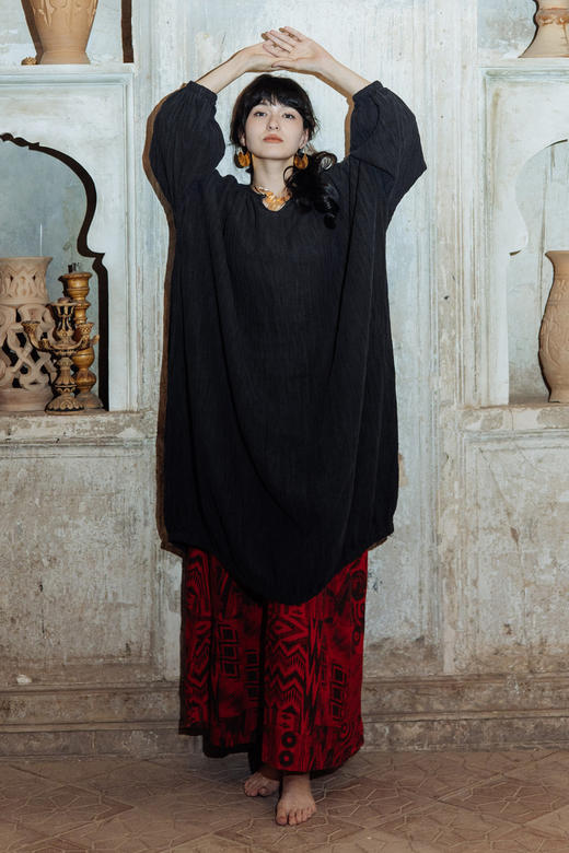 绽放旅行女装566朵/苎麻高级范儿日系风落肩长袖水滴领显瘦连衣裙 商品图5
