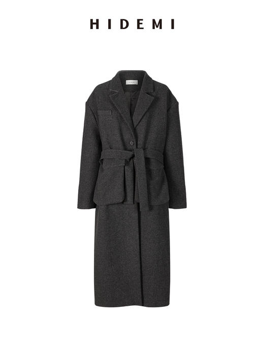 HIDEMI 极简大立体口袋设计感飞行员式领底呢手工式拼接宽肩大廓形绵羊毛厚款长款可拆卸腰带毛呢西装大衣外套 深灰色/藏蓝色 商品图10