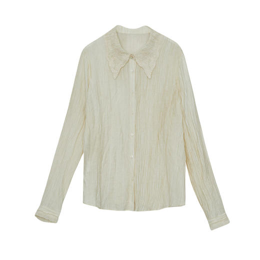 谜底衬衫长袖女2024秋季新品通勤风翻领褶皱感刺绣衬衣243MC1132 商品图4