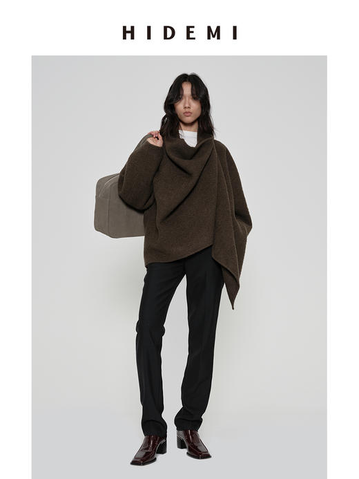 HIDEMI 极简廓形设计感不对称堆堆领围裹式进口绵羊毛艺术肌理感粗花呢毛呢中长款大衣 茶褐棕/古铜红 商品图6