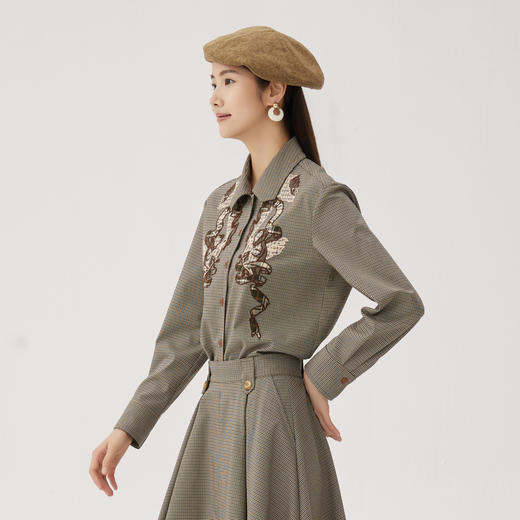 谜底千鸟格衬衫长袖女2024秋季新品复古风绣花H型衬衣243MC1165 商品图1