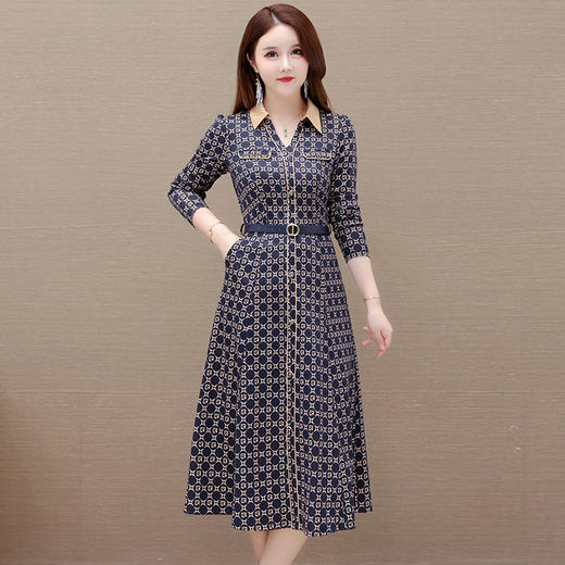 QYMJJ-92510-Y 妈妈装长袖连衣裙秋季新款时尚女装中长款衬衣领腰带口袋裙 商品图0