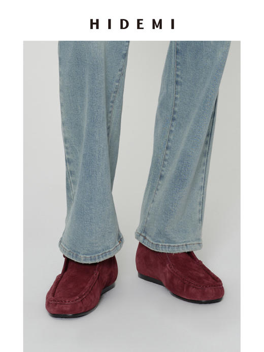 HIDEMI 系带复古做旧感进口磨毛牛反绒牛皮中帮方头内增高式踝靴短靴 卡其米/勃艮第酒红 商品图11