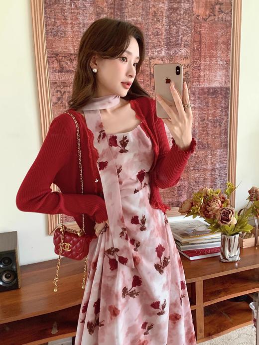 张心子【雾色玫瑰】法式浪漫印花雪纺吊带连衣裙女秋季新款长裙仙 U2408081 商品图5