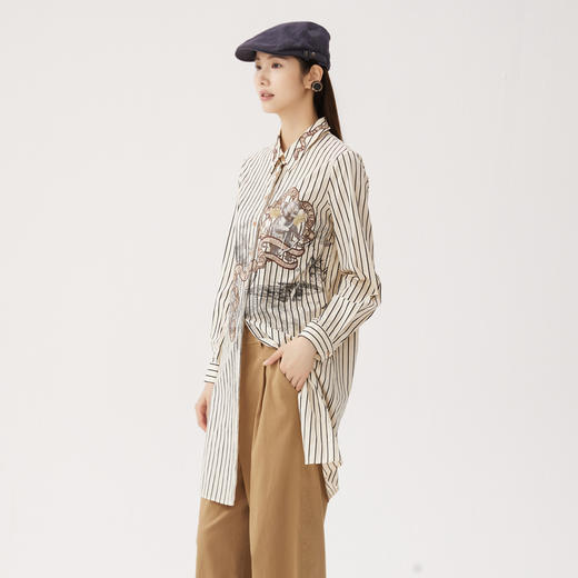 谜底条纹衬衣裙长袖2024秋季新品复古风绣花宽松直筒裙243ML1142 商品图1