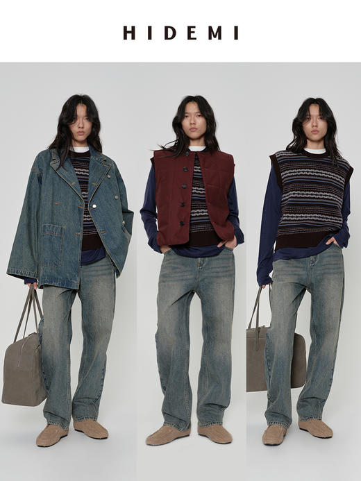 HIDEMI【吴千语同款】多重水洗泛白做旧感中低腰直筒牛仔裤 商品图0