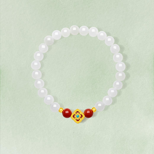 周六福金镶玉3D硬金天然和田白玉手串文玩手串系列女款节日礼物 商品图3