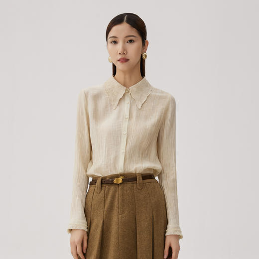 谜底衬衫长袖女2024秋季新品通勤风翻领褶皱感刺绣衬衣243MC1132 商品图0