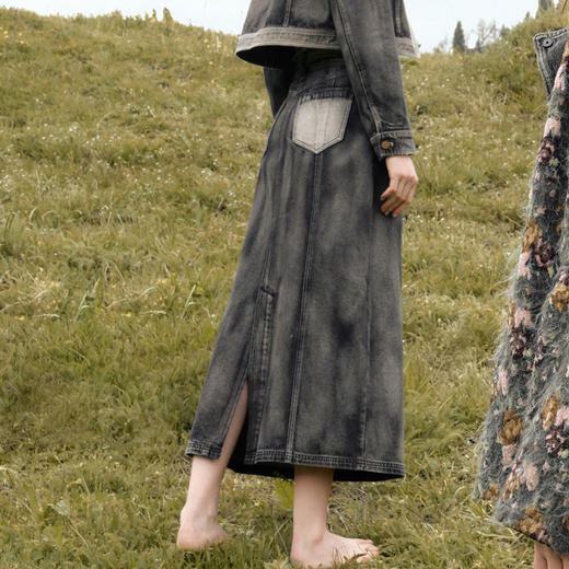 谜底牛仔半身裙女2024秋新品复古文艺风A型水洗做旧长裙243MB1056 商品图2