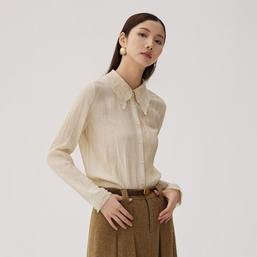 谜底衬衫长袖女2024秋季新品通勤风翻领褶皱感刺绣衬衣243MC1132 商品图1