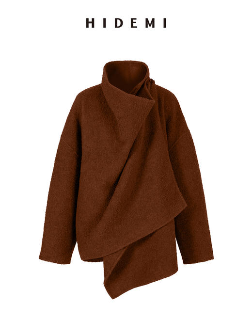 HIDEMI 极简廓形设计感不对称堆堆领围裹式进口绵羊毛艺术肌理感粗花呢毛呢中长款大衣 茶褐棕/古铜红 商品图12