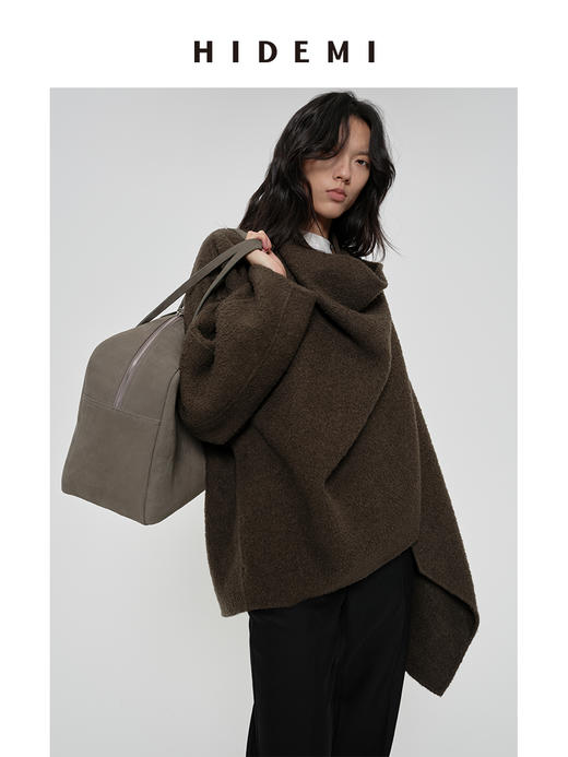 HIDEMI 极简廓形设计感不对称堆堆领围裹式进口绵羊毛艺术肌理感粗花呢毛呢中长款大衣 茶褐棕/古铜红 商品图8