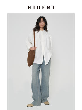 HIDEMI 甄选长绒棉酵素水洗做旧感空气微褶皱圆领极简大廓形oversize衬衫