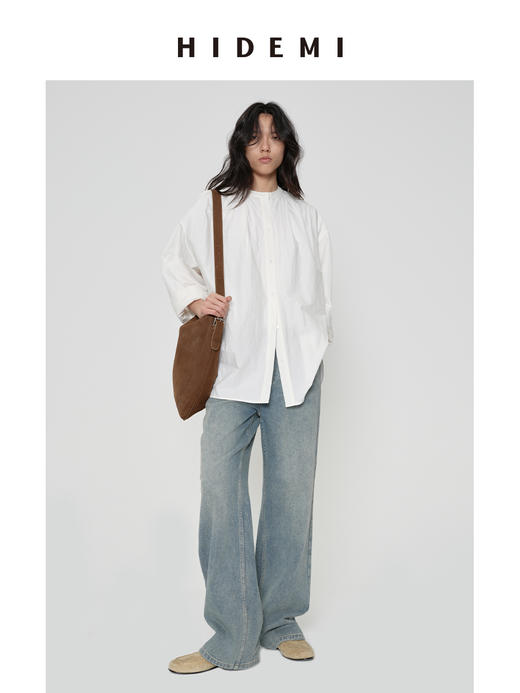 HIDEMI 甄选长绒棉酵素水洗做旧感空气微褶皱圆领极简大廓形oversize衬衫 商品图0