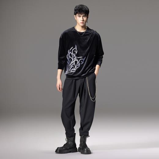 PINLI品立秋季新款中国风刺绣圆领卫衣男士国潮丝绒长袖上衣B243109014 商品图4