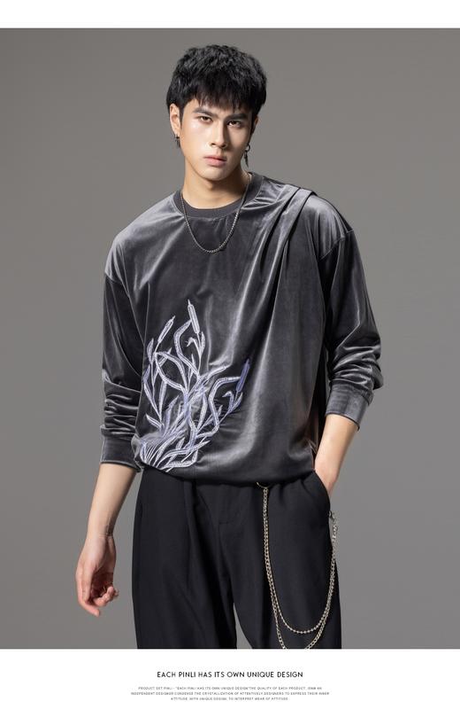 PINLI品立秋季新款中国风刺绣圆领卫衣男士国潮丝绒长袖上衣B243109014 商品图11