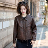 HR WZ11039气质时尚复古简约大方遮肉显瘦翻领PU皮外套 商品缩略图1