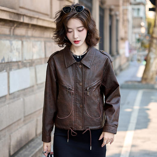HR WZ11039气质时尚复古简约大方遮肉显瘦翻领PU皮外套 商品图1