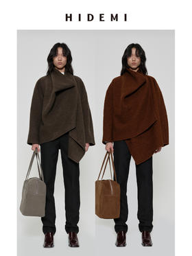 HIDEMI 极简廓形设计感不对称堆堆领围裹式进口绵羊毛艺术肌理感粗花呢毛呢中长款大衣 茶褐棕/古铜红