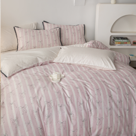 多喜爱 好朋友系列 高密全棉卡通数码印花三/四件套 粉色蝴蝶结/平行灰蓝