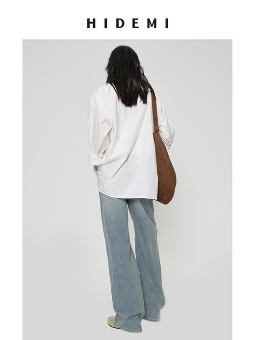 HIDEMI 甄选长绒棉酵素水洗做旧感空气微褶皱圆领极简大廓形oversize衬衫 商品图4