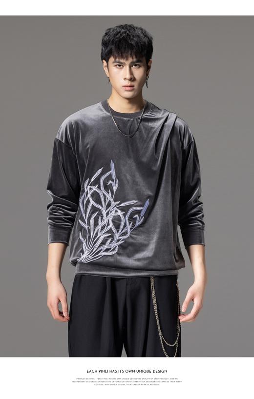 PINLI品立秋季新款中国风刺绣圆领卫衣男士国潮丝绒长袖上衣B243109014 商品图10