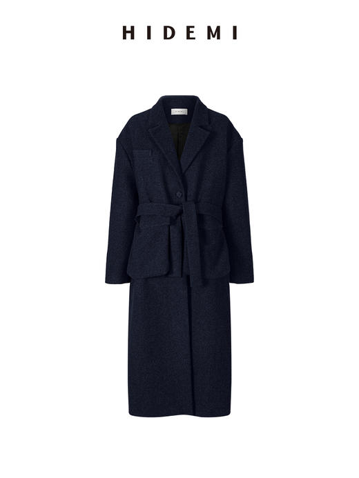 HIDEMI 极简大立体口袋设计感飞行员式领底呢手工式拼接宽肩大廓形绵羊毛厚款长款可拆卸腰带毛呢西装大衣外套 深灰色/藏蓝色 商品图11