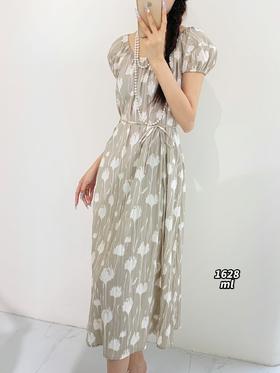 34GAR071628#韩系温柔风灯笼袖印花绑带收腰连衣裙