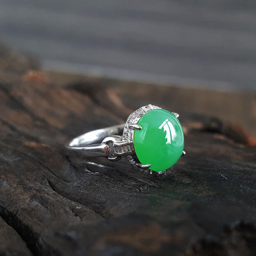【天然正品】AU750白金镶钻镶天然糯冰种满绿蛋面翡翠（圆满、吉祥）戒指210824XY05 商品图4