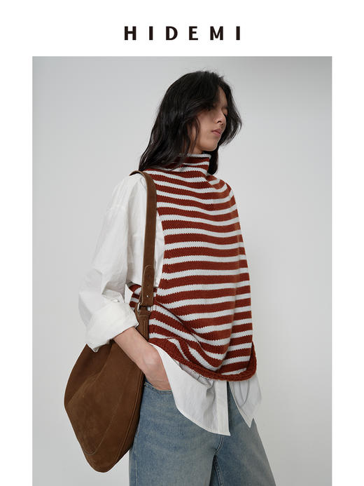 HIDEMI 【卢昱晓同款】美利奴羊毛极简条纹小立领大廓形毛织马甲背心 红白/棕蓝 商品图3