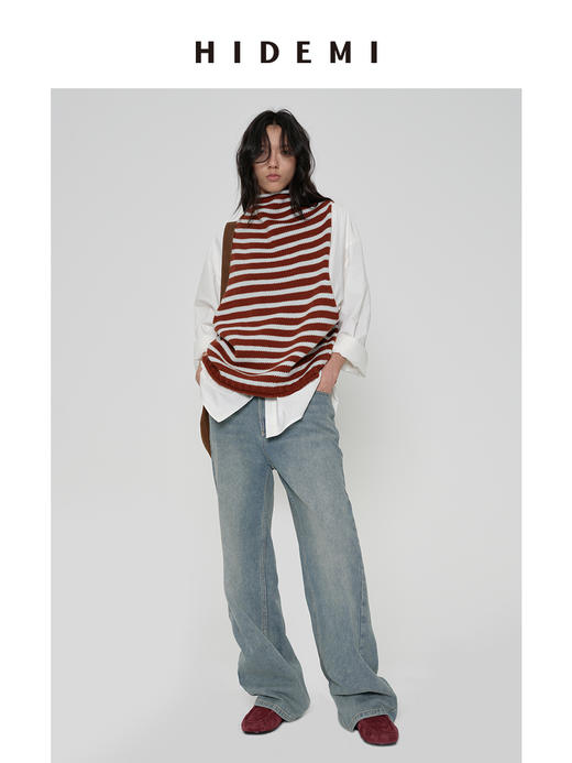 HIDEMI 【卢昱晓同款】美利奴羊毛极简条纹小立领大廓形毛织马甲背心 红白/棕蓝 商品图1