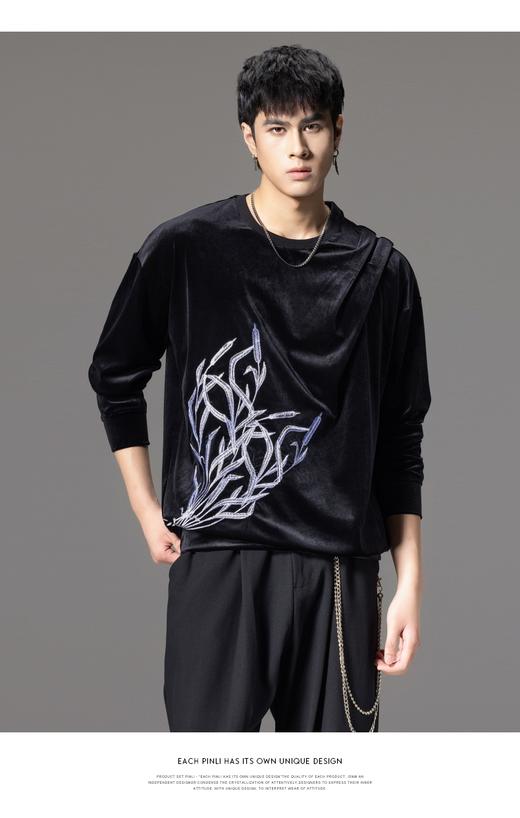 PINLI品立秋季新款中国风刺绣圆领卫衣男士国潮丝绒长袖上衣B243109014 商品图7