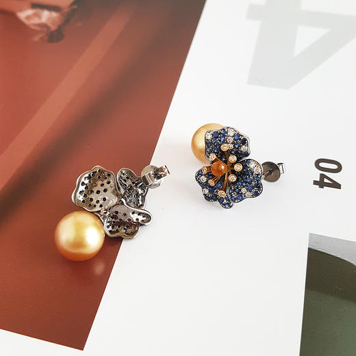 【天然正品】AU750收藏级黑金镶天然约9.8MM浓金海水珍珠花朵耳环210824XY06 商品图5