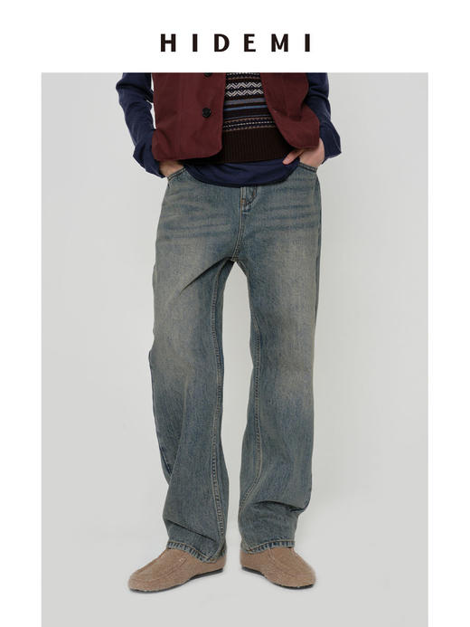 HIDEMI【吴千语同款】多重水洗泛白做旧感中低腰直筒牛仔裤 商品图3