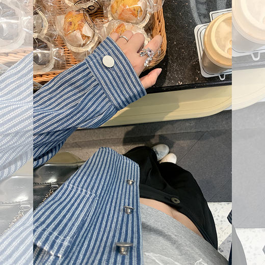 <曾小咸推荐>港风复古蓝色竖条纹牛仔衬衫外套 商品图2