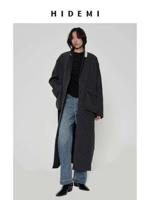 HIDEMI 极简大立体口袋设计感飞行员式领底呢手工式拼接宽肩大廓形绵羊毛厚款长款可拆卸腰带毛呢西装大衣外套 深灰色/藏蓝色 商品图6