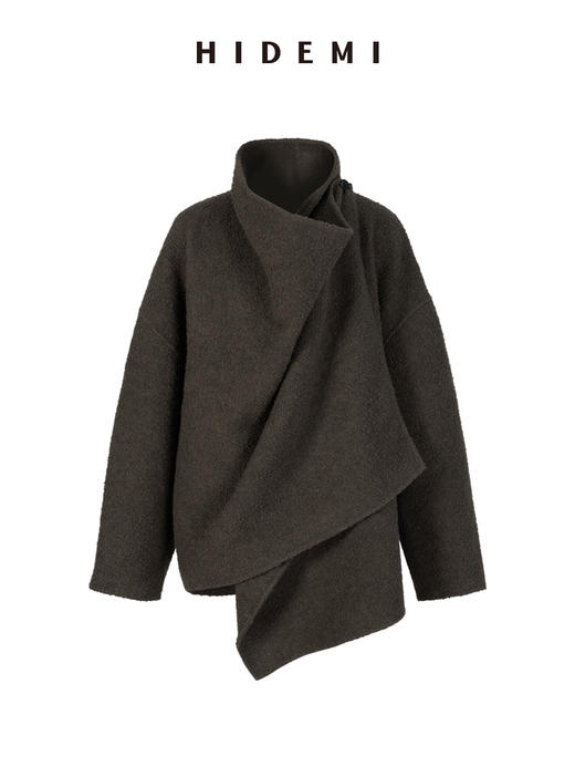 HIDEMI 极简廓形设计感不对称堆堆领围裹式进口绵羊毛艺术肌理感粗花呢毛呢中长款大衣 茶褐棕/古铜红 商品图11
