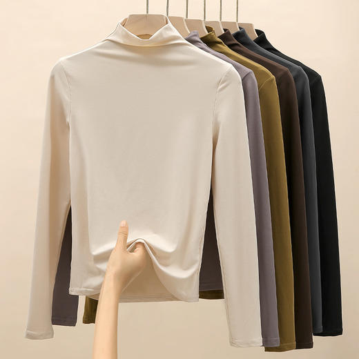 半高领面膜衫女 气质百搭 内搭秋冬 磨毛打底衫 修身保暖外穿长袖T恤上衣 商品图3