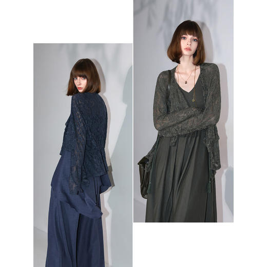 COCOBELLA不规则下摆镂空蕾丝针织衫提花流苏飘带开衫MZ7035 商品图3