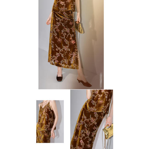 COCOBELLA新中式植绒烧花半身裙奢感典雅气质开叉半裙HS7060 商品图3