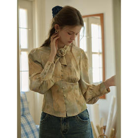 SimpleRetro醒秋晚枫 复古油画印花缎面衬衫女秋季优雅法式衬衣